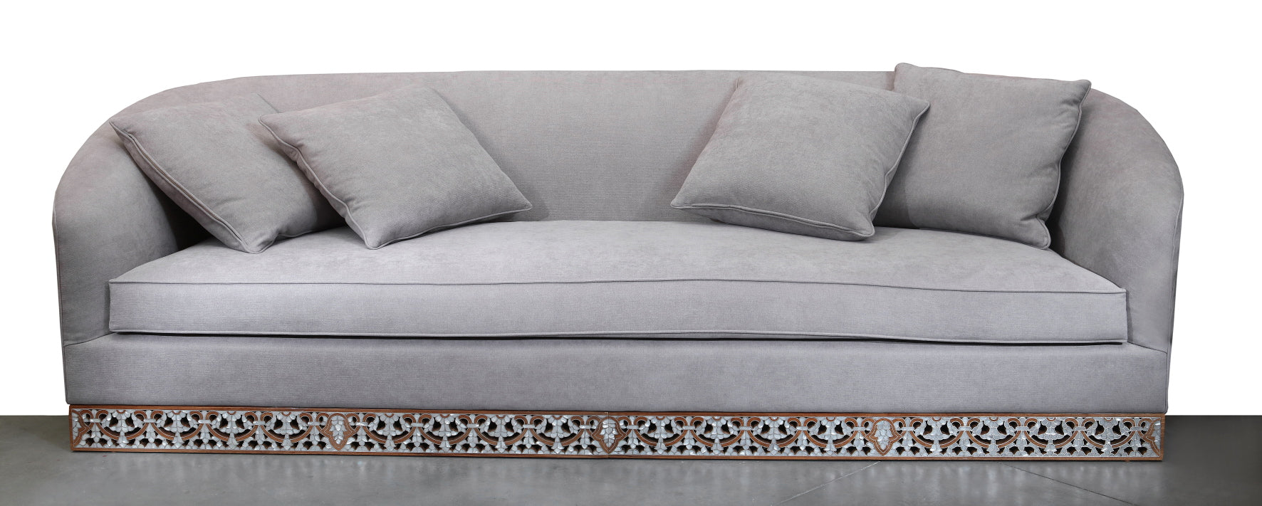 Couch with Base Rectangle Perforated Solid Walnut Wood Inlay Seashell Mother Of Pearl With Tin + 4 Cushions