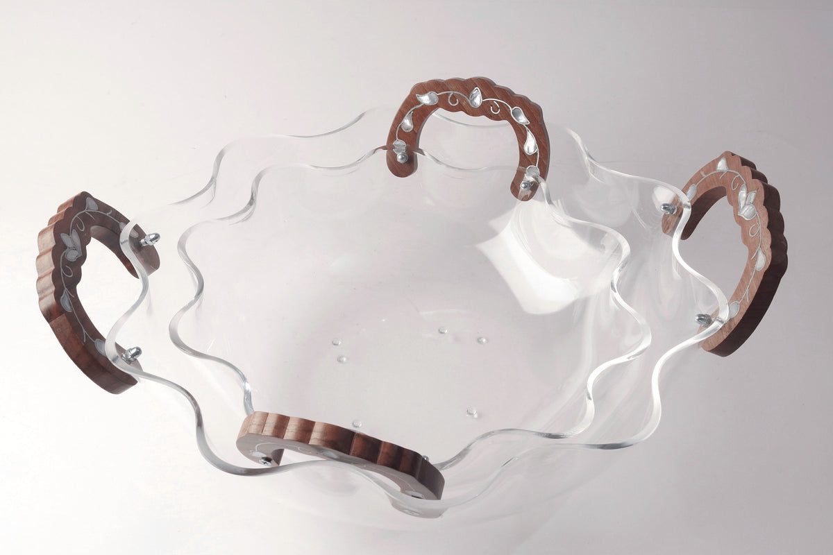 Salad  Handmade Bowl Plexi + Handles Solid walnut Wood with Inlay Seashell Mother of Pearl