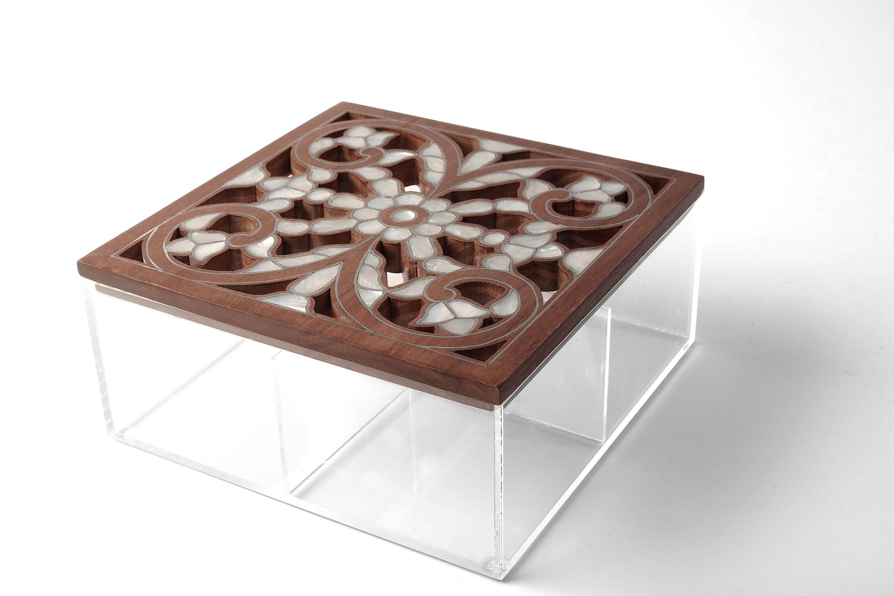 Box Square Handmade Plexi+ Cover Wood with Inlay Mother of Pearl