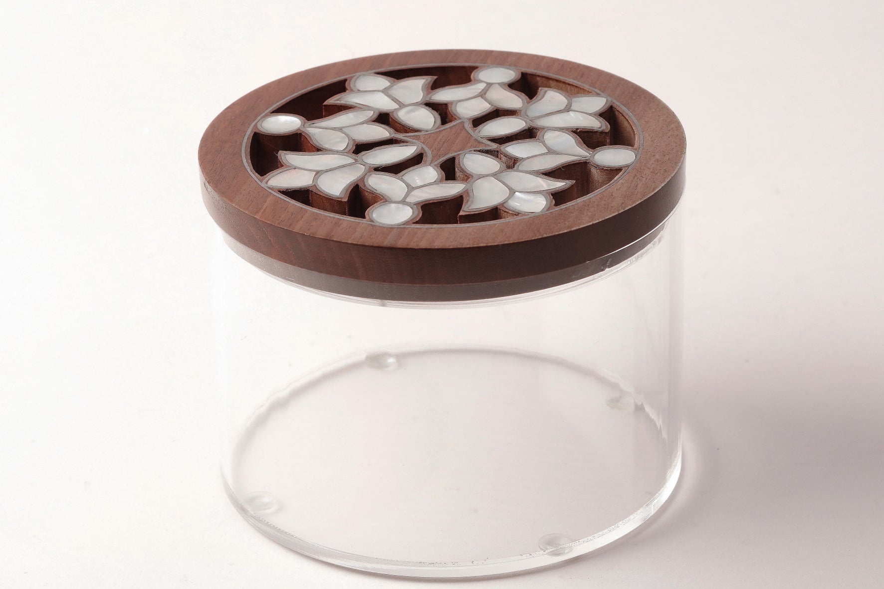 Box Round Handmade Plexi + Cover Wood with Inlay Mother of Pearl