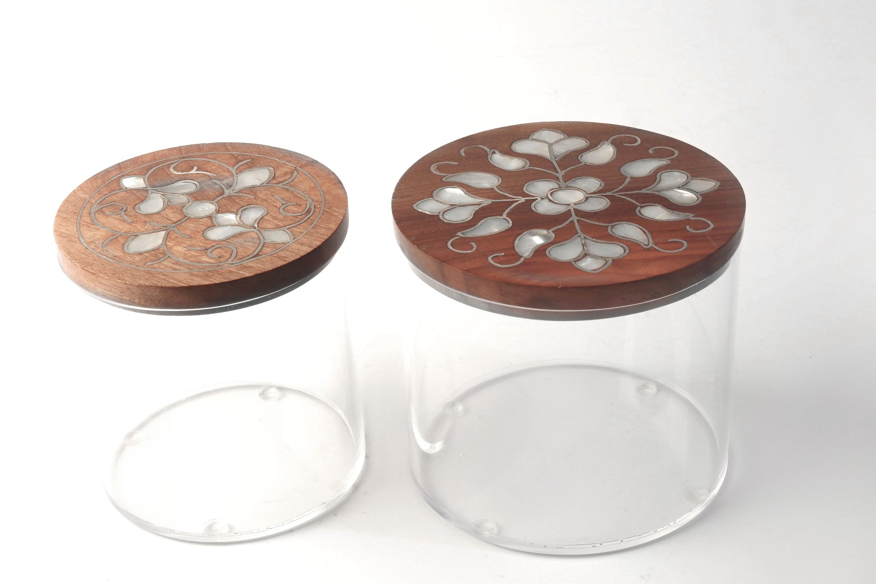 Box Round Handmade Plexi + Cover Wood with Inlay Mother of Pearl