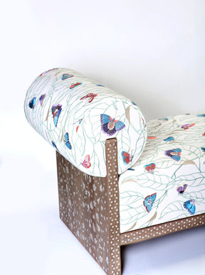 Bench Solid Walnut Wood Inlay Seashell Mother Of Pearl With Tin + Upholstery