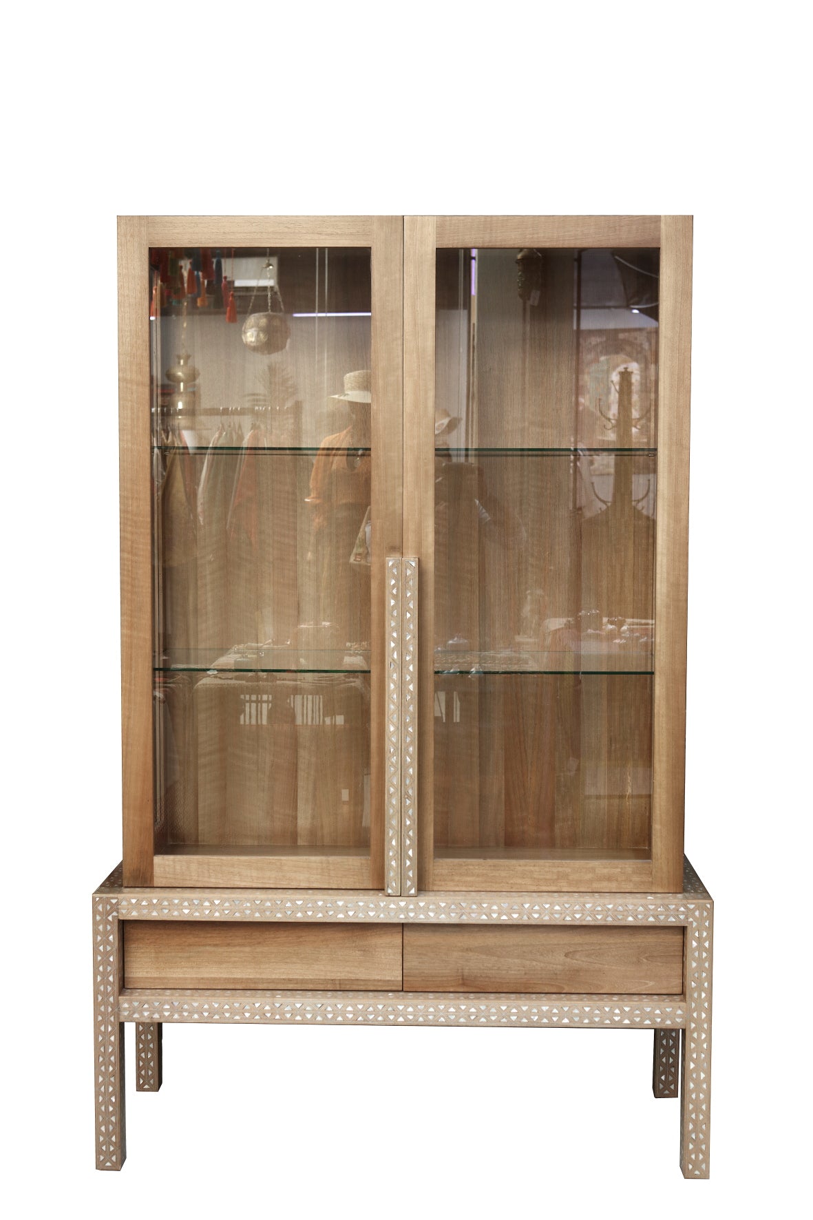 Cabinet Solid Walnut Wood Inlay Seashell Mother Of Pearl With Tin + Glass and Lighting