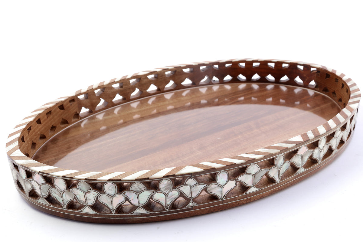 Tray Oval Perforated Wood with Sadaf D50H35cm