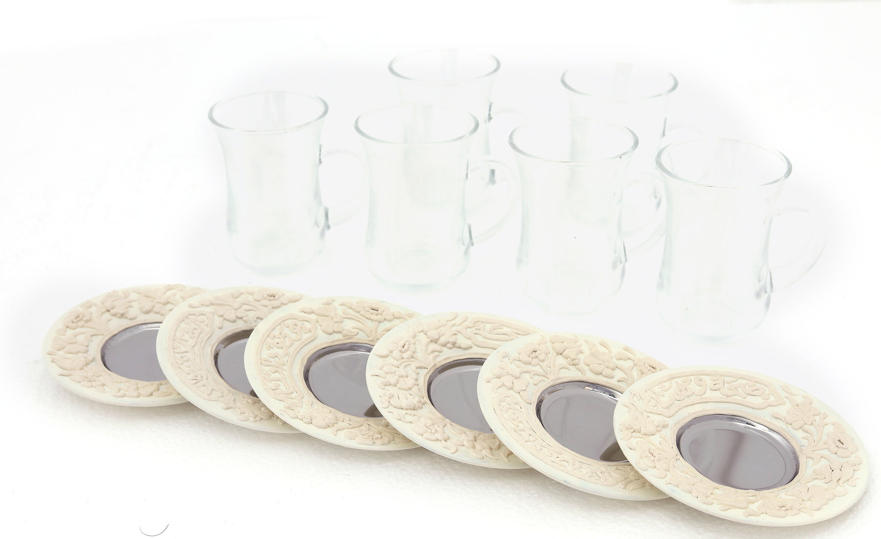 Tea Glass + Plate  Hand Hammered Aluminum with White Handmade Enamel SS Small (6pcs)