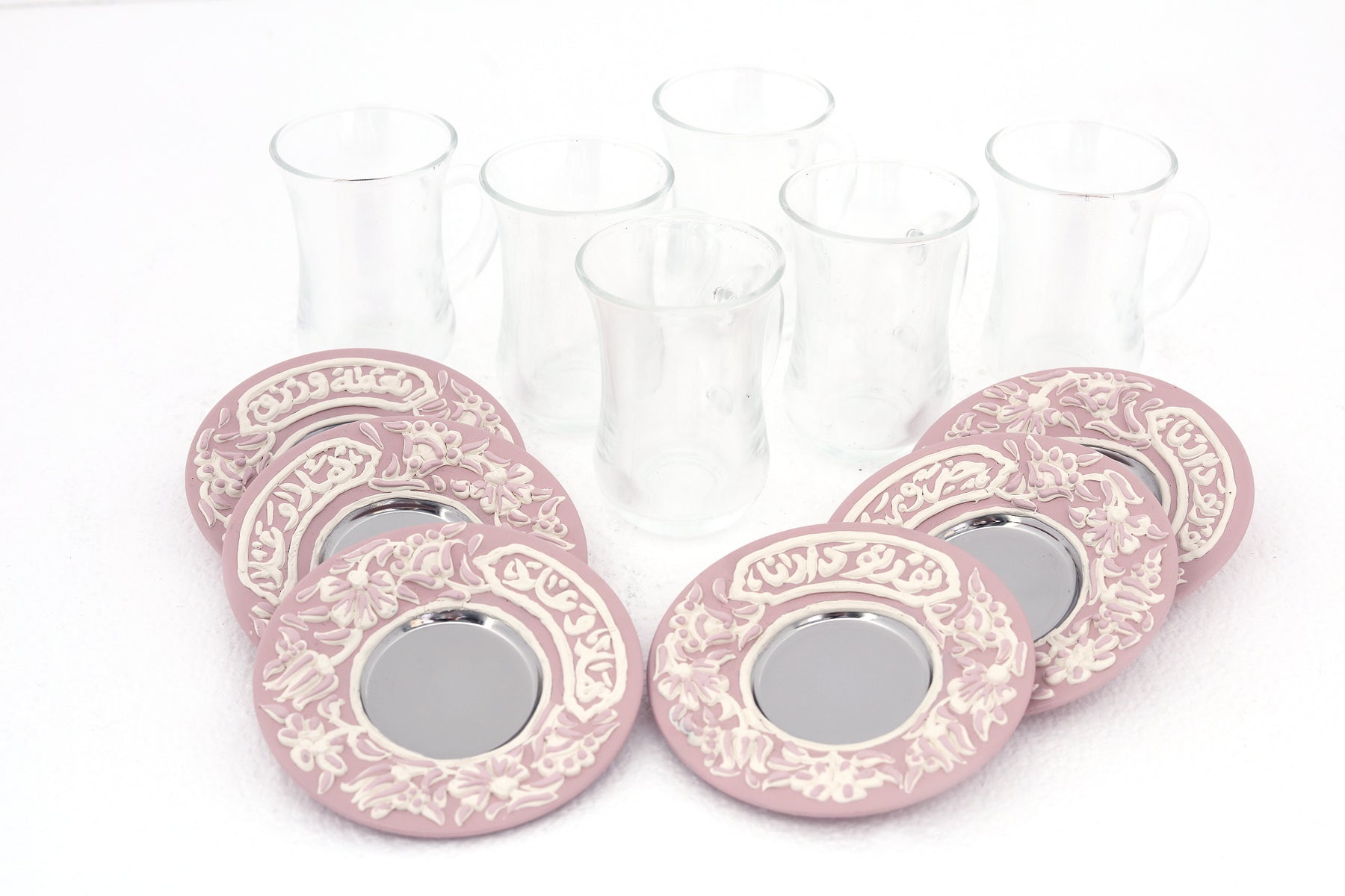 Tea Glass + Plate  Hand Hammered Aluminum with White Handmade Enamel SS Small (6pcs)