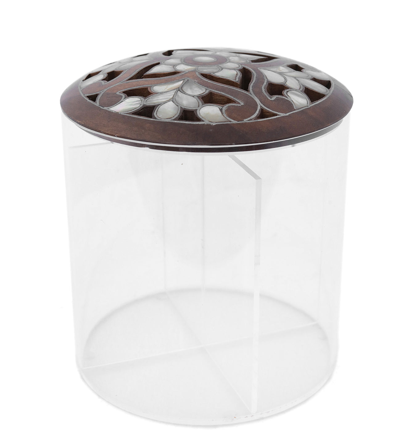 Box Round Handmade Plexi + Cover Wood with Inlay Mother of Pearl