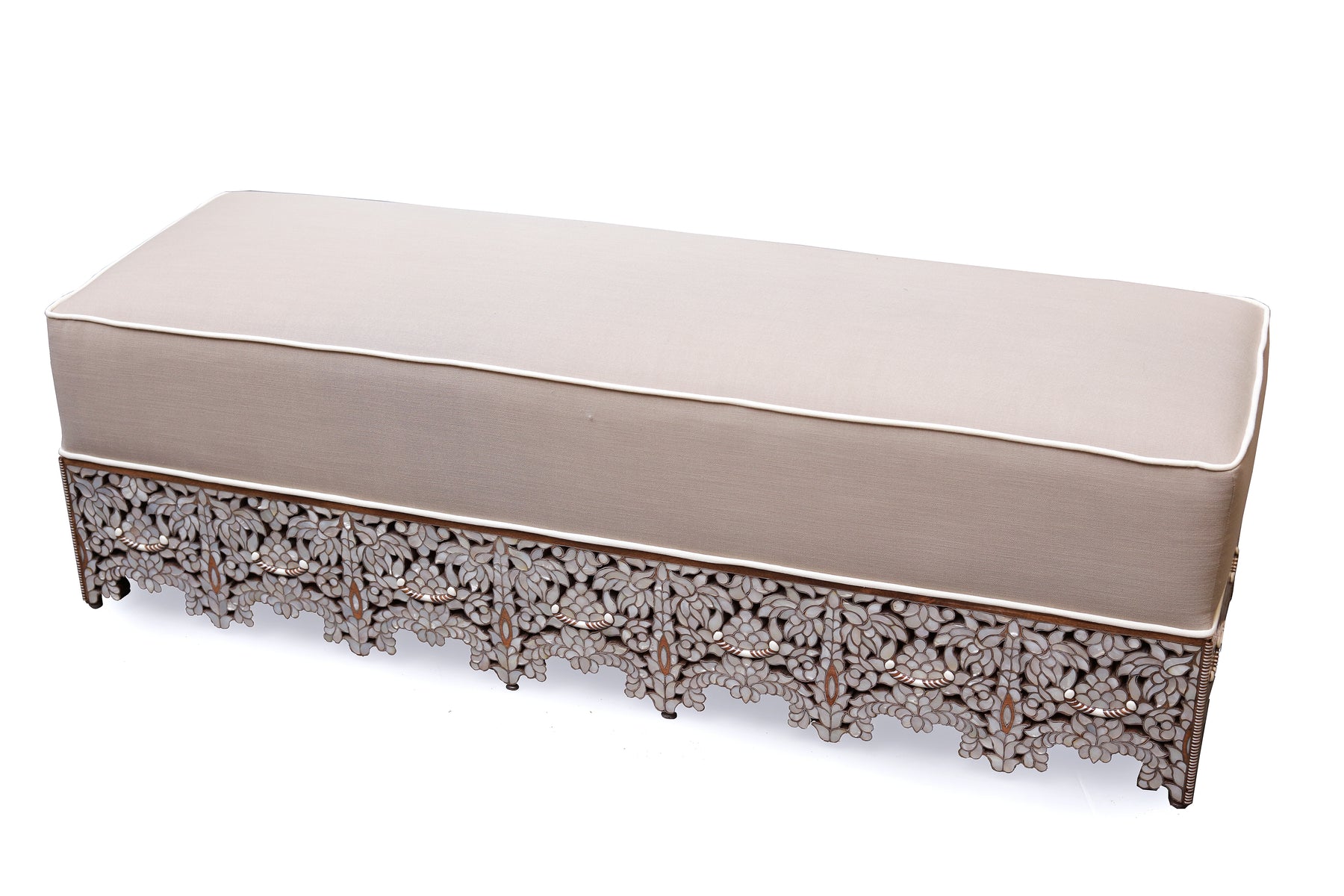 Bench With Base Perforated Solid Walnut Wood Inlay Seashell Mother Of Pearl With Tin + Upholstery