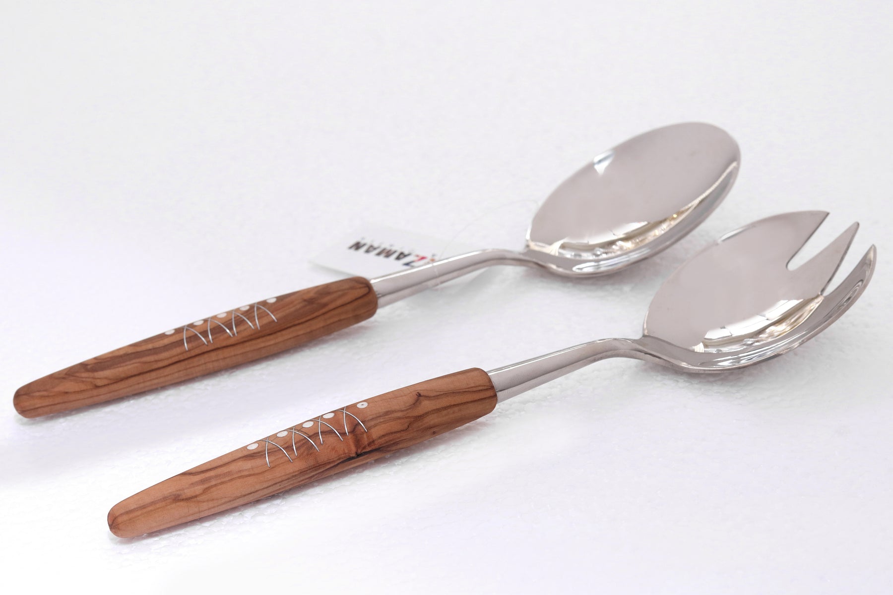 Salad Set Stainless Steel with Handmade Handle Olive Wood with Bone