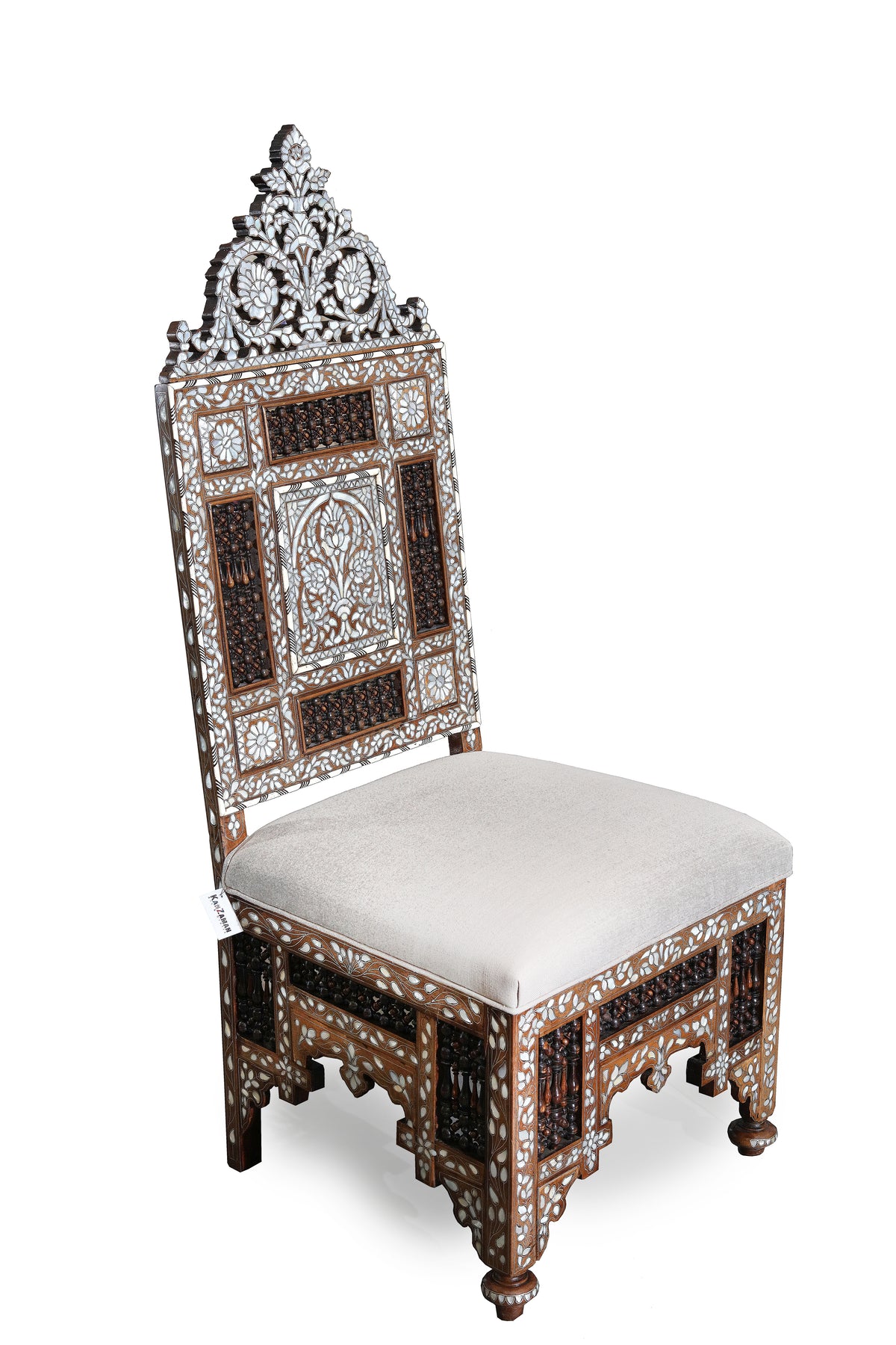 Chair With Crown Perforated Solid Walnut Wood Inlay Seashell Mother Of Pearl With Tin + Upholstery