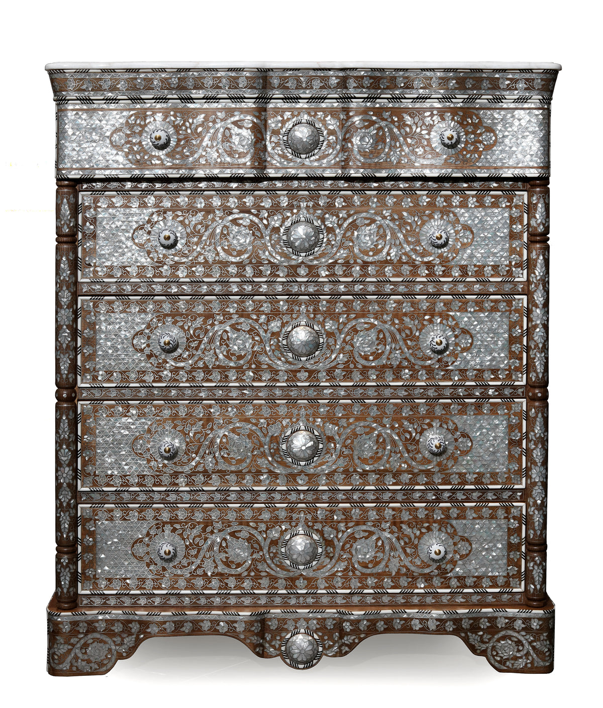 Chest of Drawers Solid Walnut Wood Inlay Seashell Mother Of Pearl With Tin + Marble Top