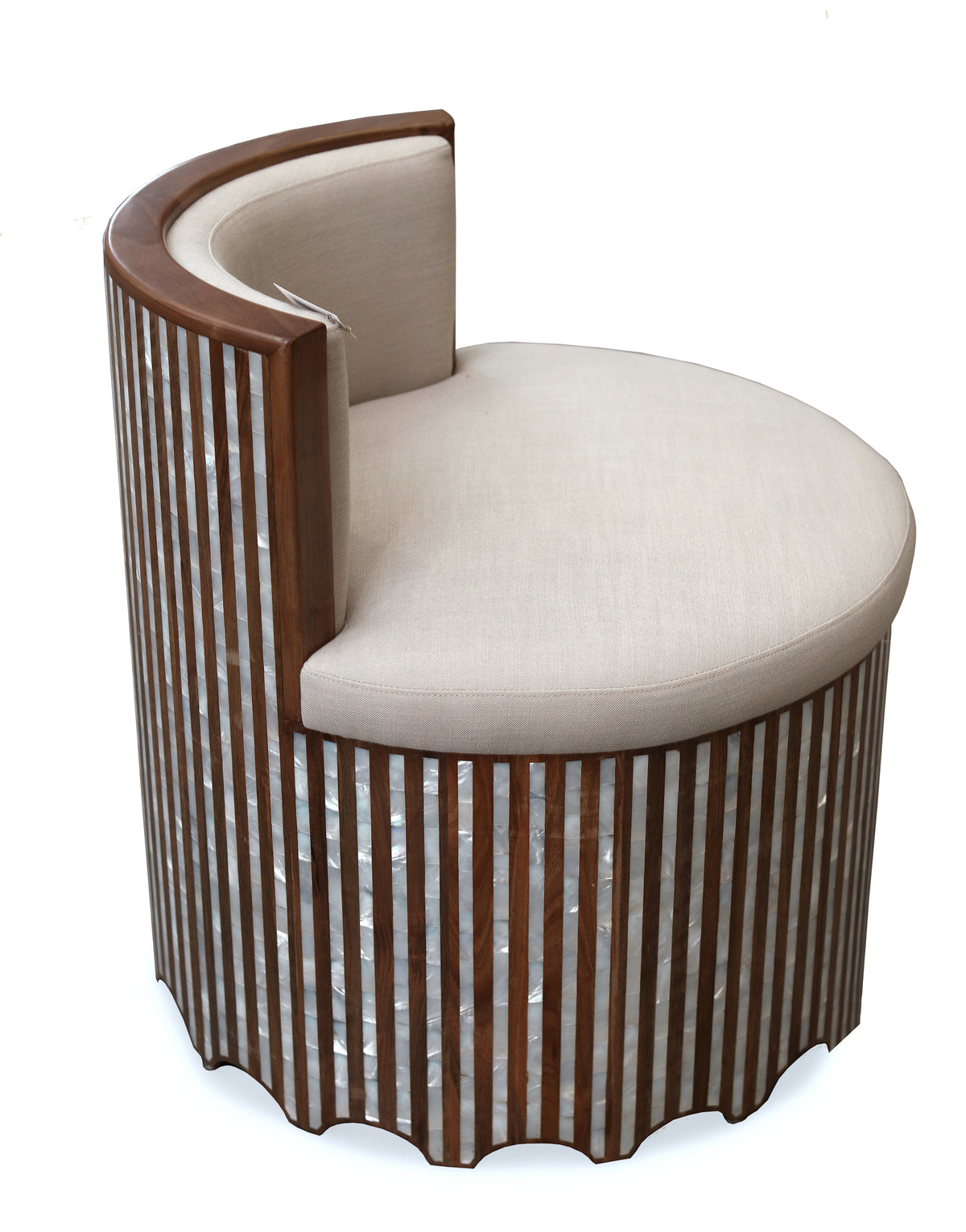 Arm Chair Solid Walnut Wood Inlay Seashell Mother Of Pearl Stripes With Tin + Upholstery