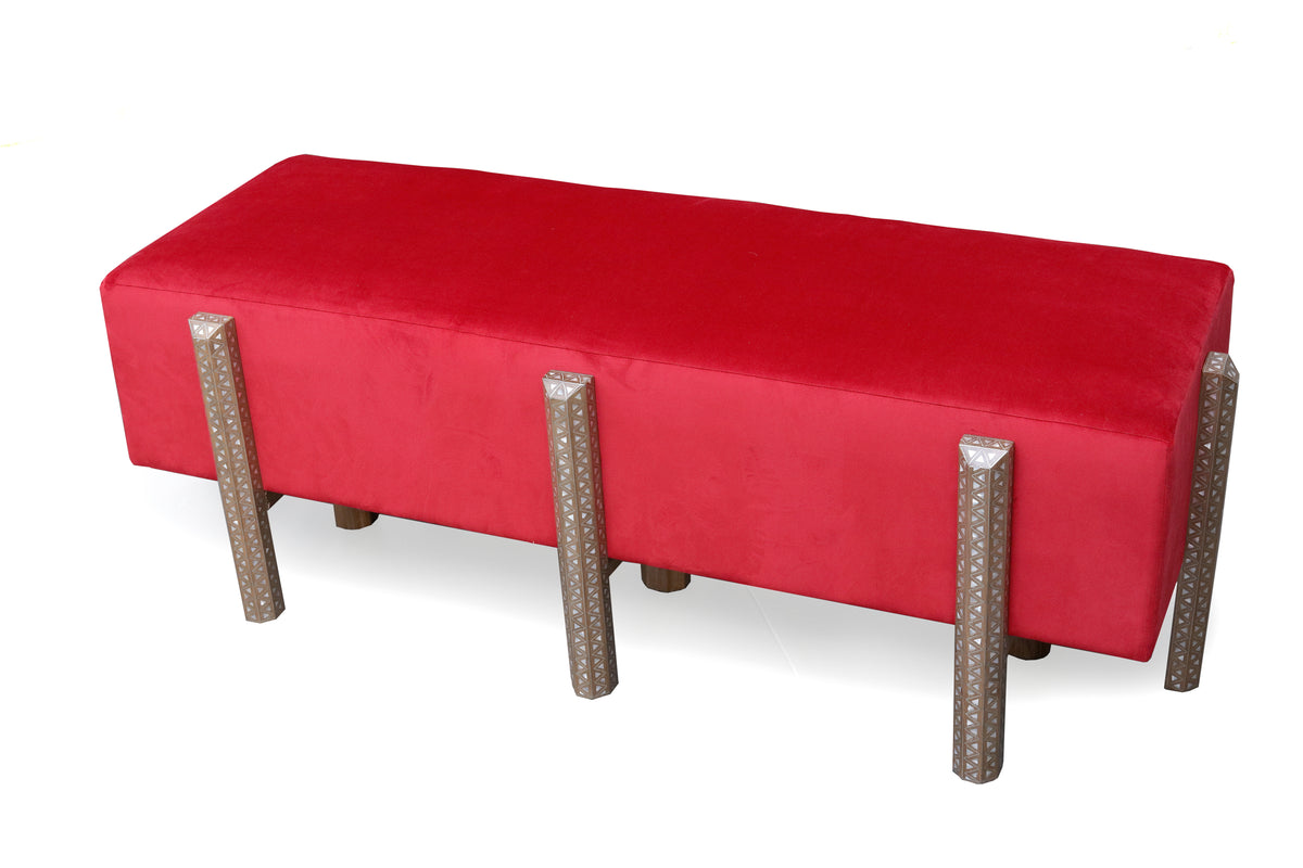 Bench Rectangular With 8 Edges Solid Walnut Wood Inlay Seashell Mother Of Pearl With Tin + Upholstery