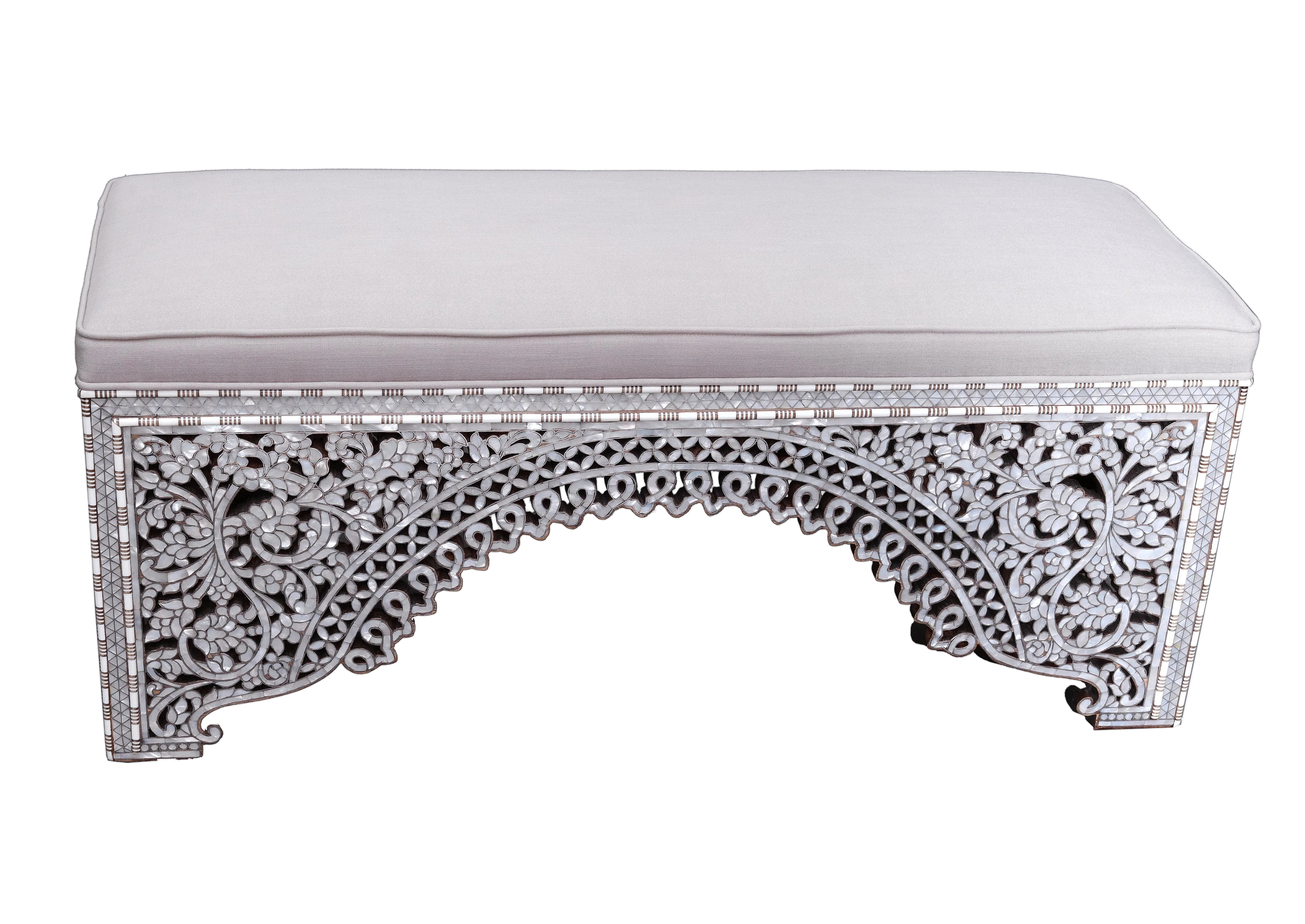 Bench With Base Perforated Solid Walnut Wood Inlay Seashell Mother Of
