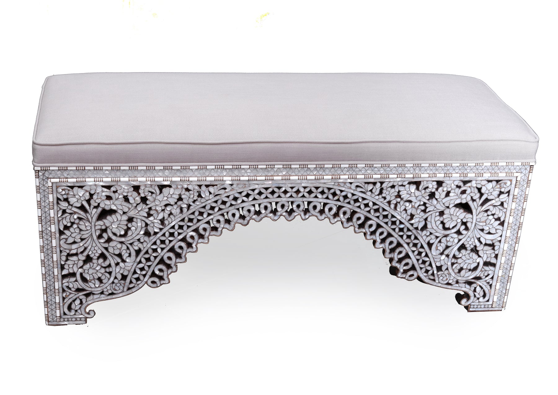 Bench With Base Perforated Solid Walnut Wood Inlay Seashell Mother Of Pearl With Tin + Upholstery