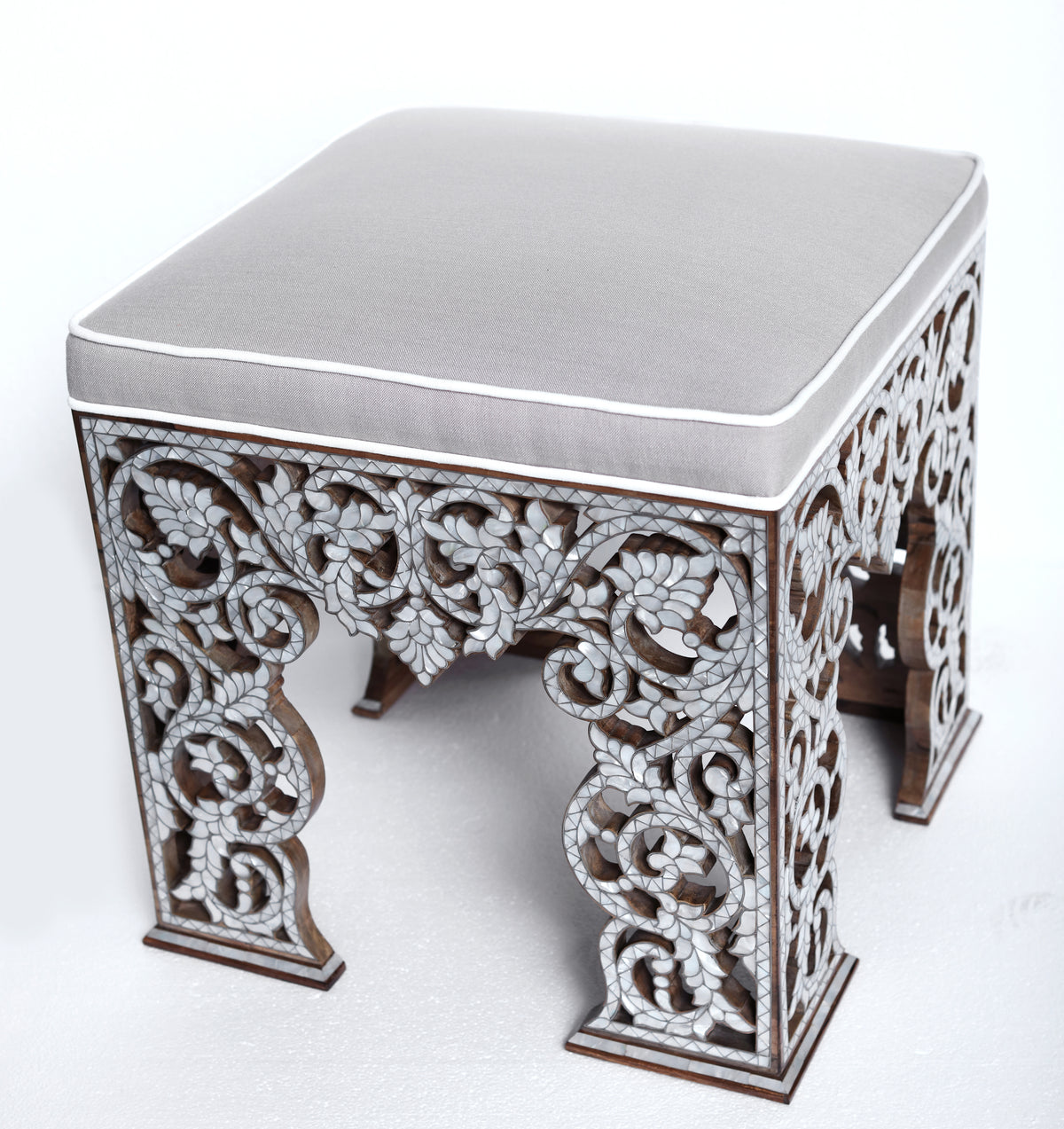 Pouf Square With Base Perforated Solid Walnut Wood Inlay Seashell Mother Of Pearl With Tin + Upholstery