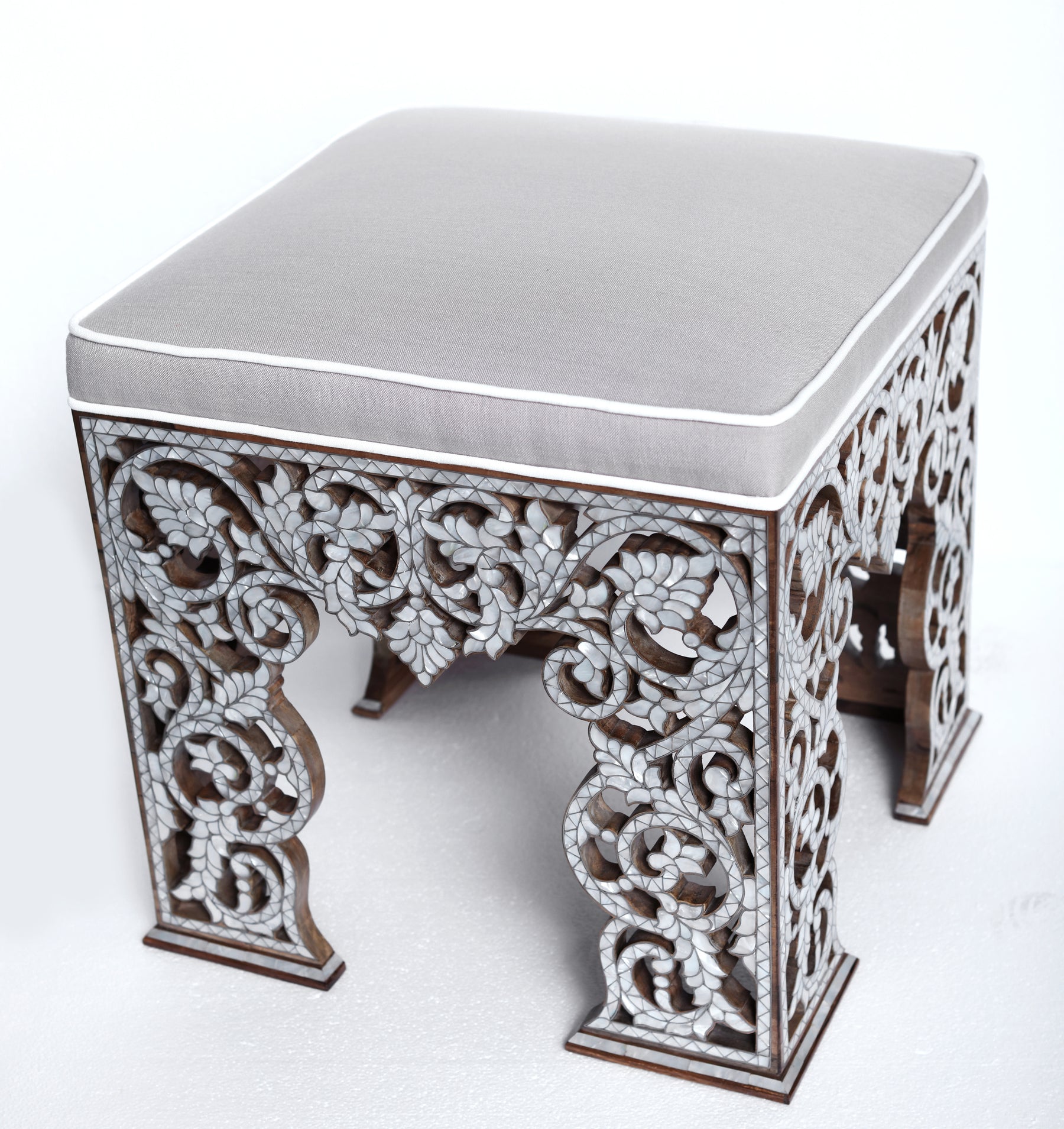 Pouf Square With Base Perforated Solid Walnut Wood Inlay Seashell Mother Of Pearl With Tin + Upholstery