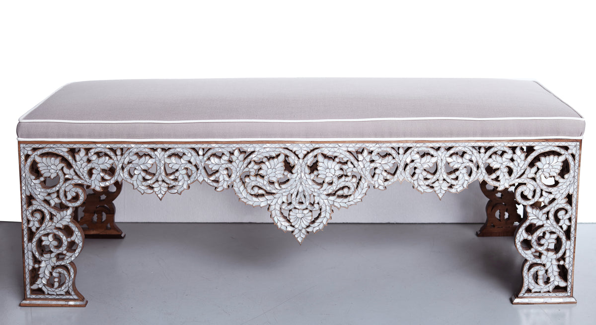 Bench With Base Perforated Solid Walnut Wood Inlay Seashell Mother Of Pearl With Tin + Upholstery