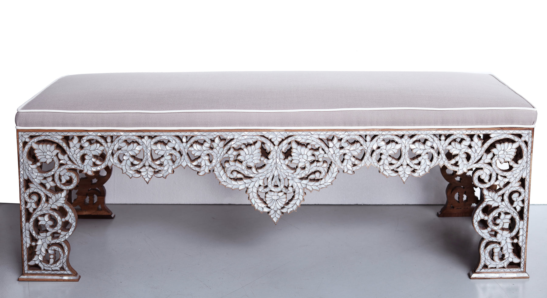 Bench With Base Perforated Solid Walnut Wood Inlay Seashell Mother Of Pearl With Tin + Upholstery