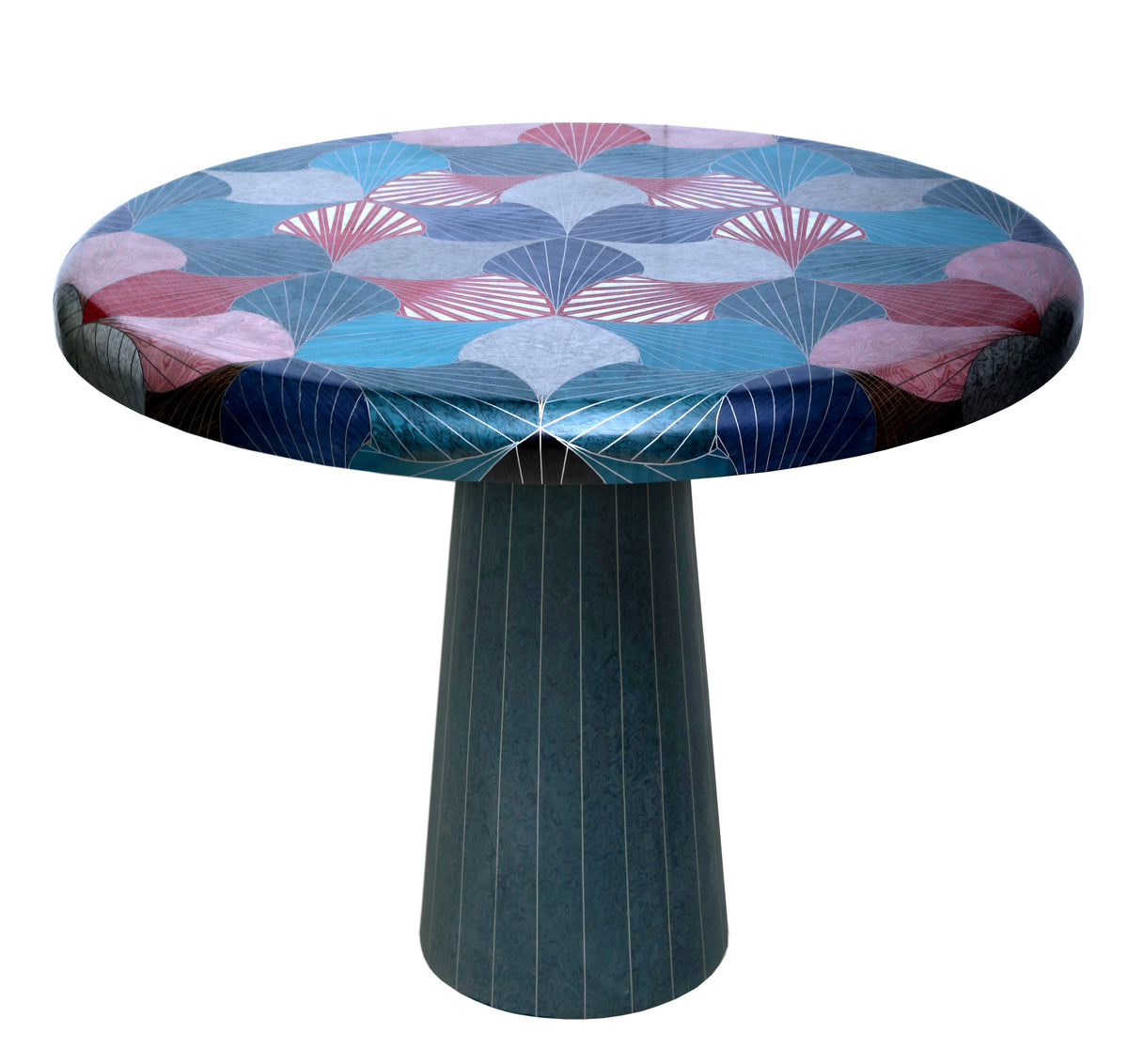 Table Round Colored Marquetry With Inlay Seashell Mother Of Pearl With Tin