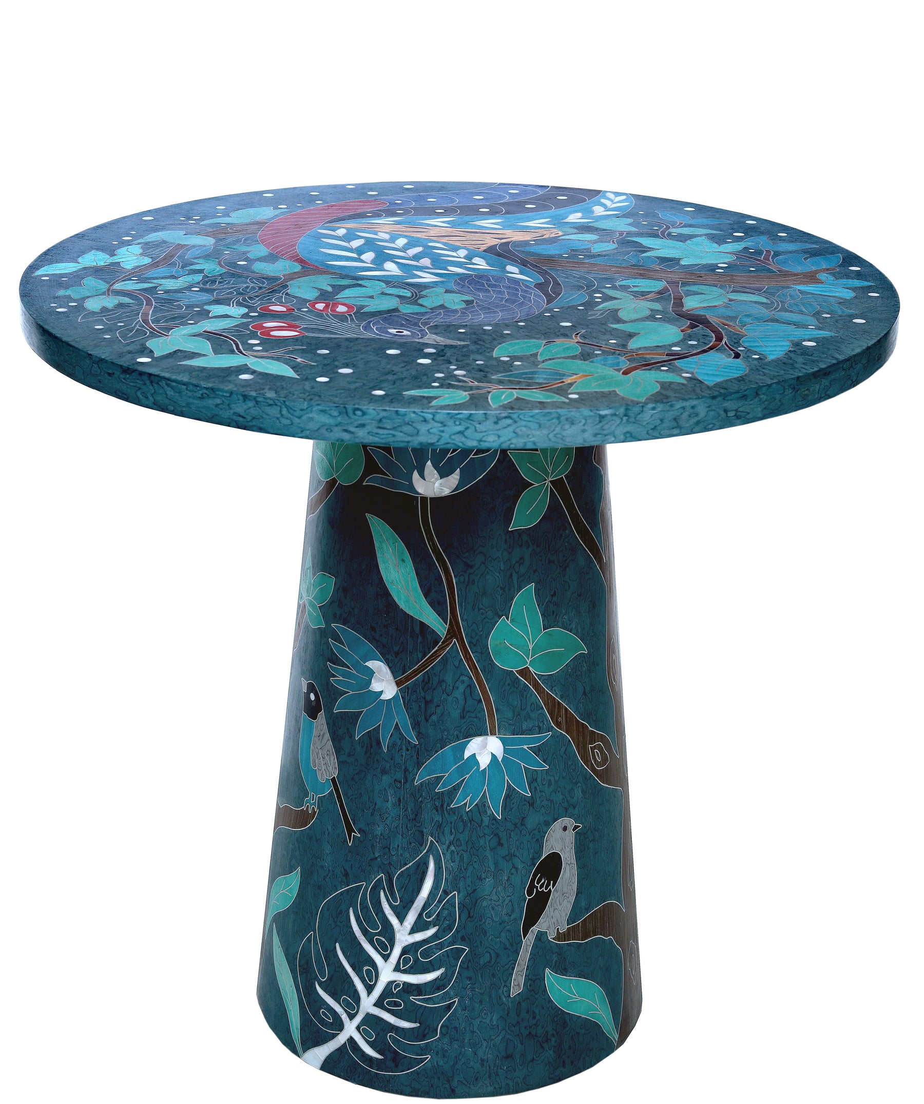 Table Round Colored Marquetry With Inlay Seashell Mother Of Pearl With Tin