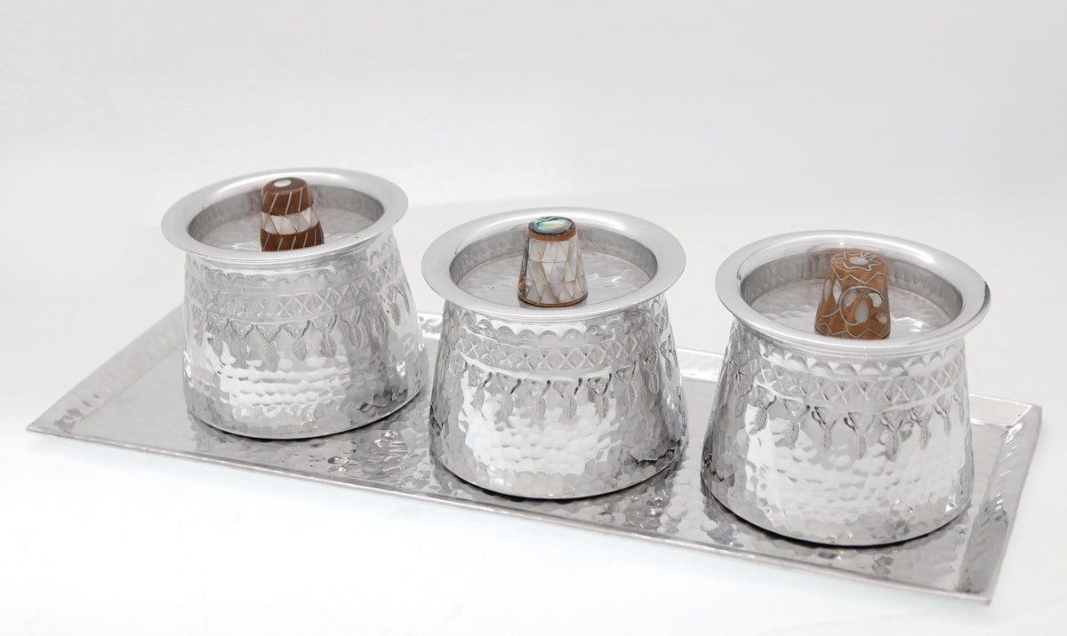 Tray Aluminium Hammered with 3 Containers with Handle Sadaf