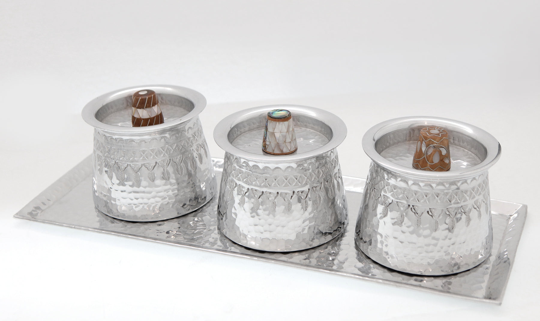 Tray Aluminium Hammered with 3 Containers with Handle Sadaf