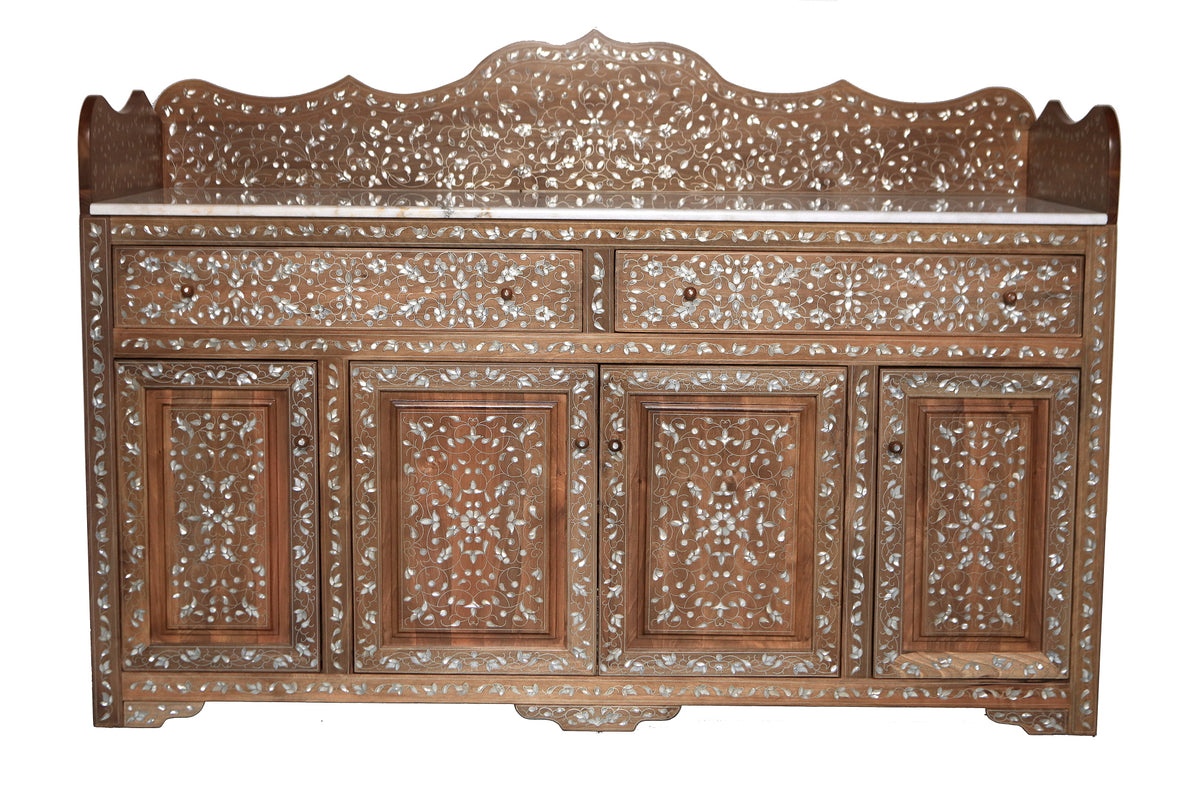 Buffet With Crown Solid Walnut Wood Inlay Seashell Mother Of Pearl With Tin And Marble Top