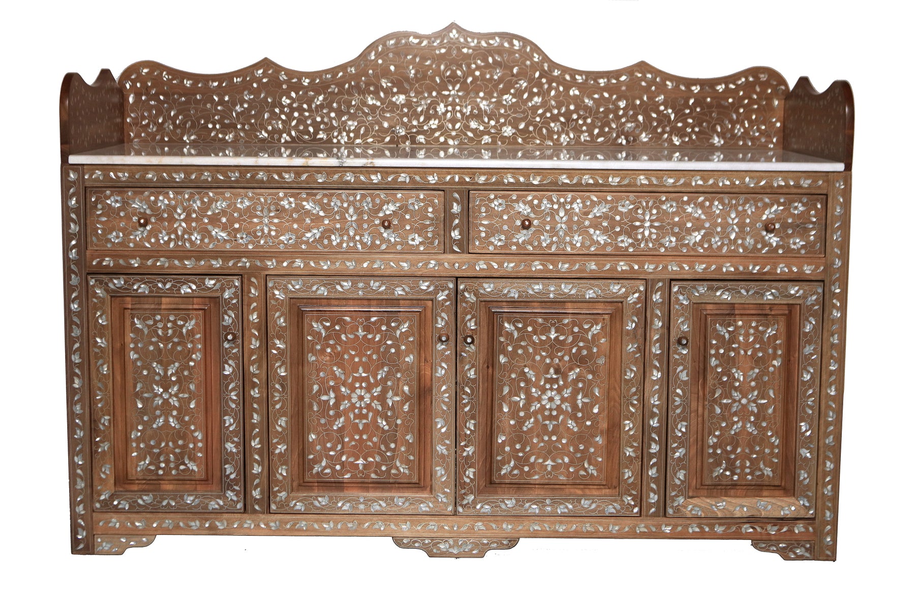 Buffet With Crown Solid Walnut Wood Inlay Seashell Mother Of Pearl With Tin And Marble Top