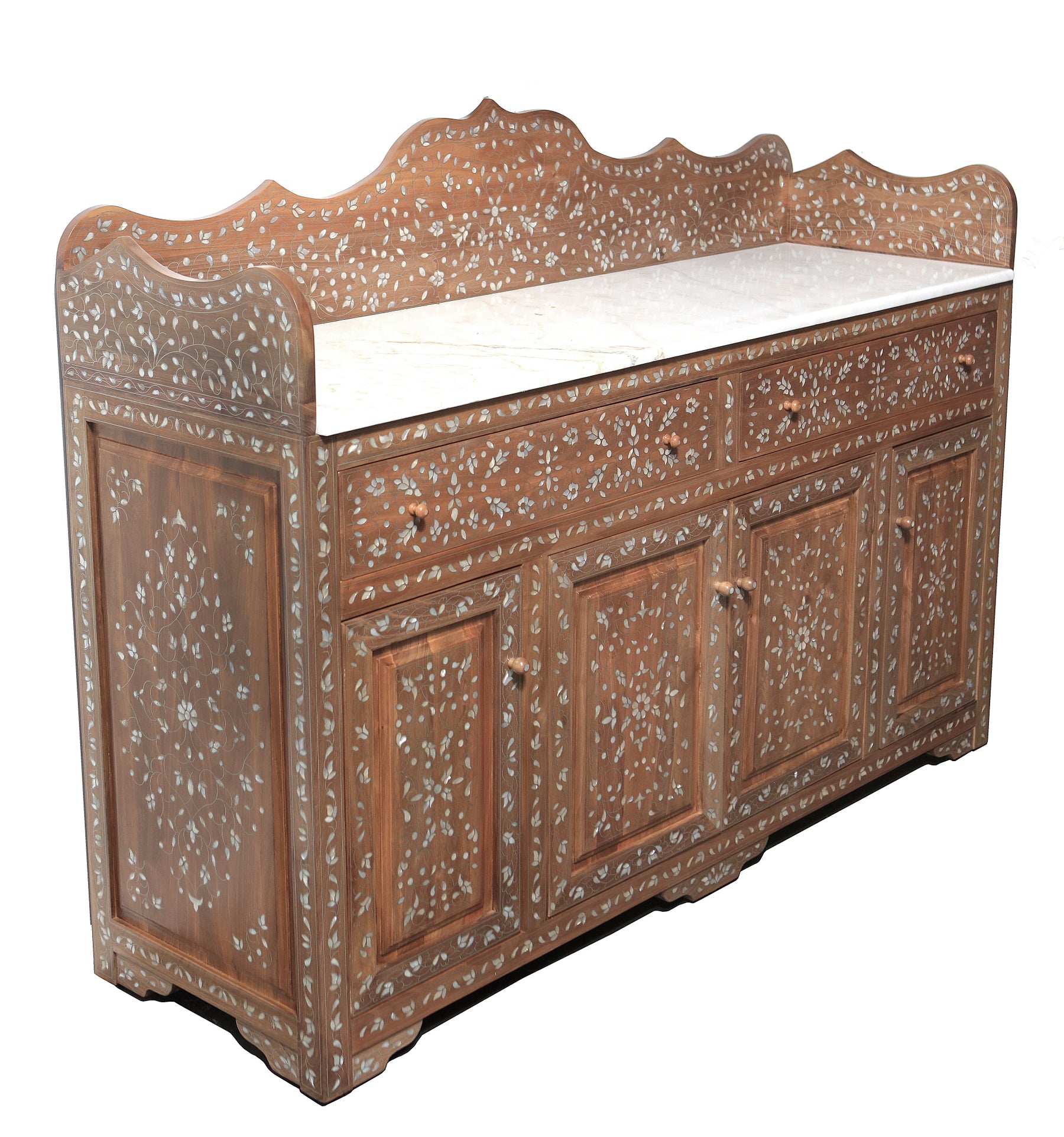 Buffet With Crown Solid Walnut Wood Inlay Seashell Mother Of Pearl With Tin And Marble Top