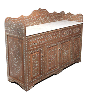 Buffet With Crown Solid Walnut Wood Inlay Seashell Mother Of Pearl With Tin And Marble Top