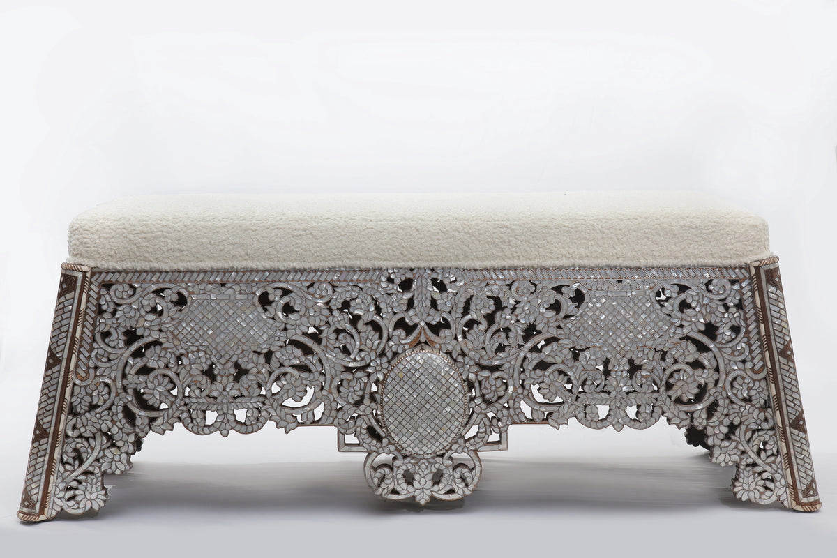 Bench With Base Perforated Solid Walnut Wood Inlay Seashell Mother Of Pearl With Tin + Upholstery