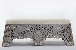 Bench With Base Perforated Solid Walnut Wood Inlay Seashell Mother Of Pearl With Tin + Upholstery