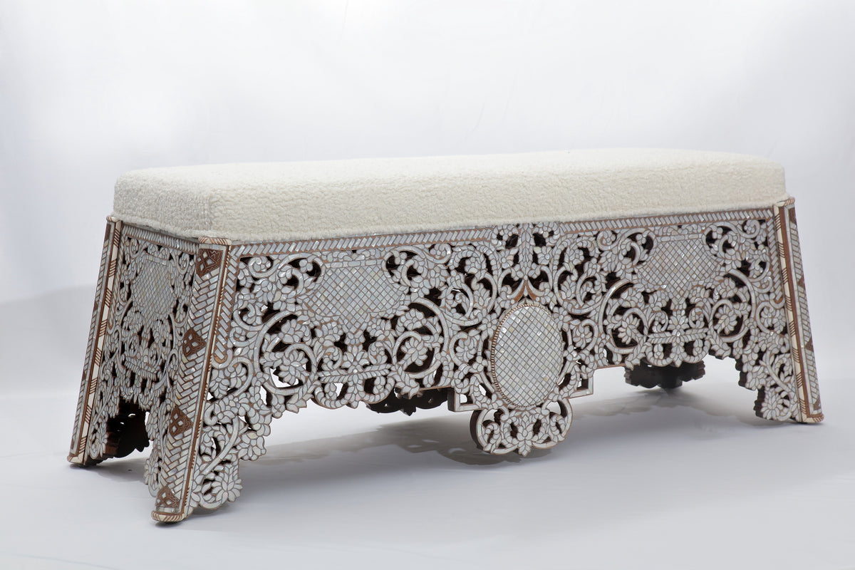 Bench With Base Perforated Solid Walnut Wood Inlay Seashell Mother Of Pearl With Tin + Upholstery
