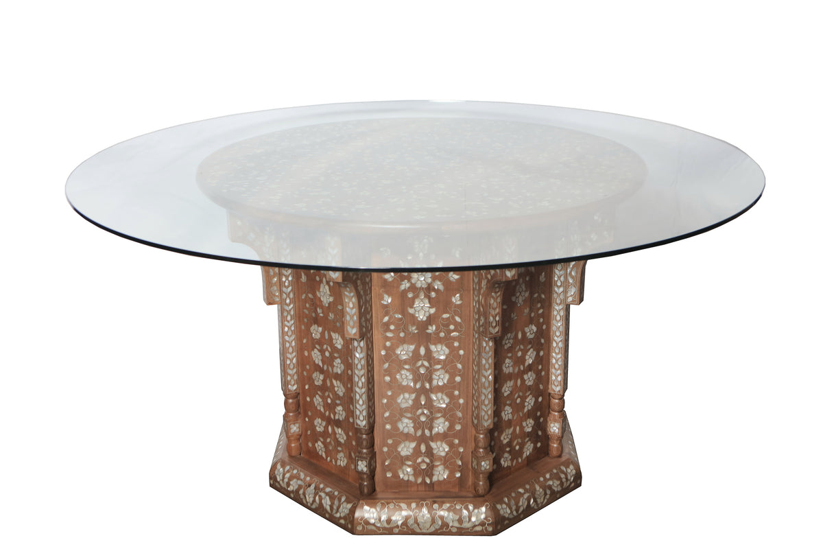 Dining Table Base Solid Walnut Wood Inlay Seashell Mother Of Pearl With Tin and glass Top