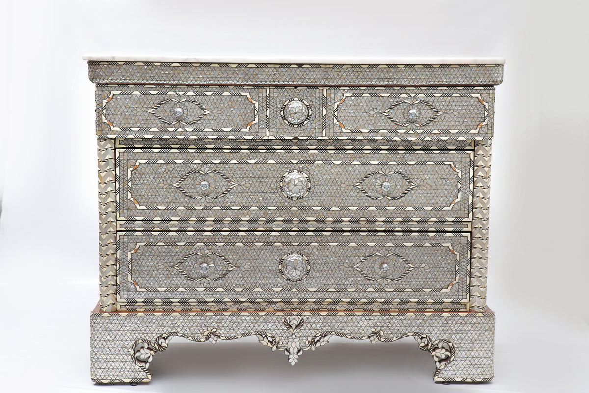 Chest of Drawers Solid Walnut Wood Full Inlay Seashell Mother Of Pearl With Tin + Marble Top