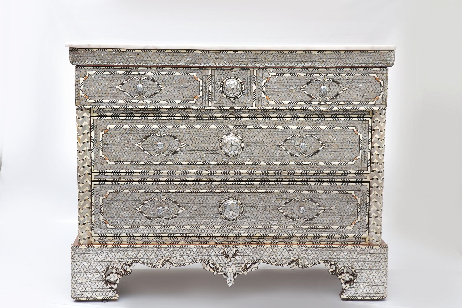 Chest of Drawers Solid Walnut Wood Full Inlay Seashell Mother Of Pearl With Tin + Marble Top