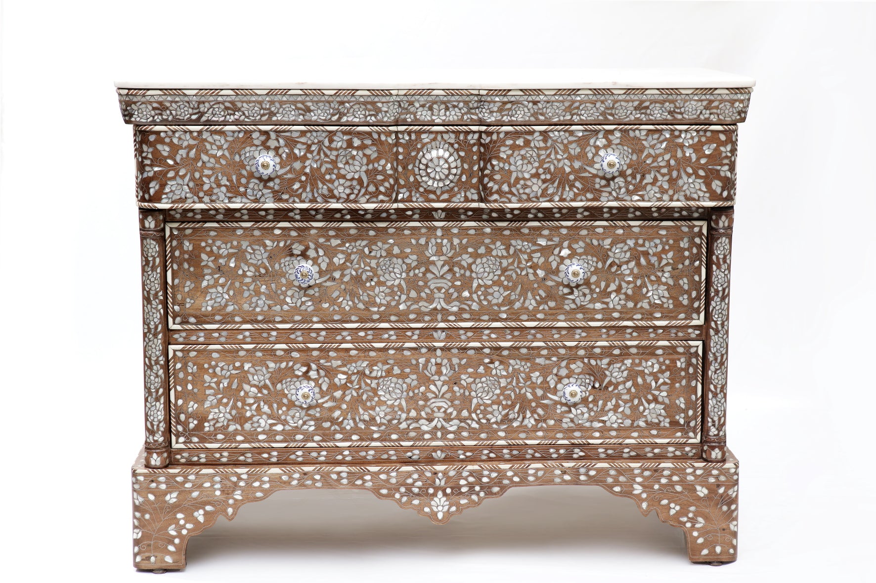 Chest of Drawers Solid Walnut Wood Inlay Seashell Mother Of Pearl With Tin + Marble Top