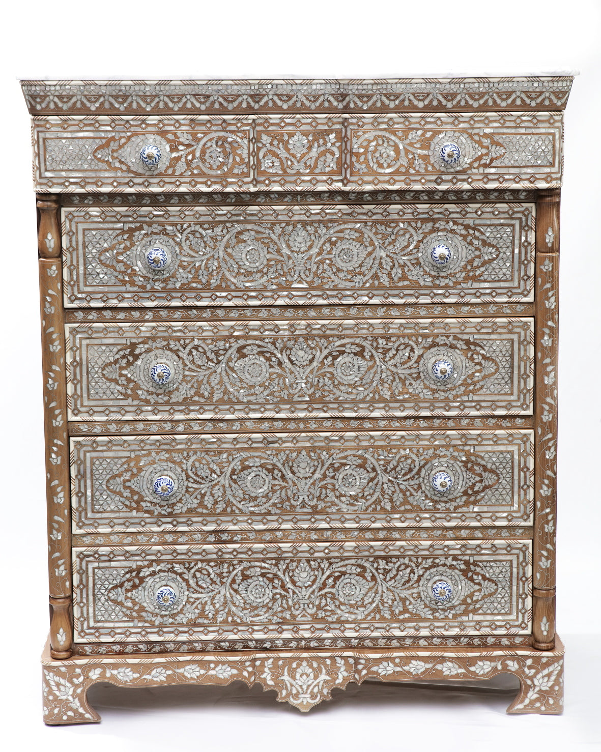 Chest of Drawers Solid Walnut Wood Inlay Seashell Mother Of Pearl With Tin + Marble Top