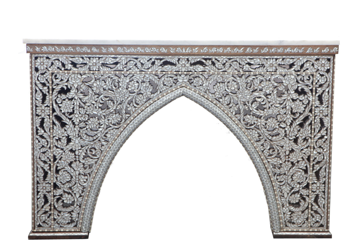 Console Chimney Perforated Solid Walnut Wood Inlay Seashell Mother Of Pearl With Tin + Marble Top