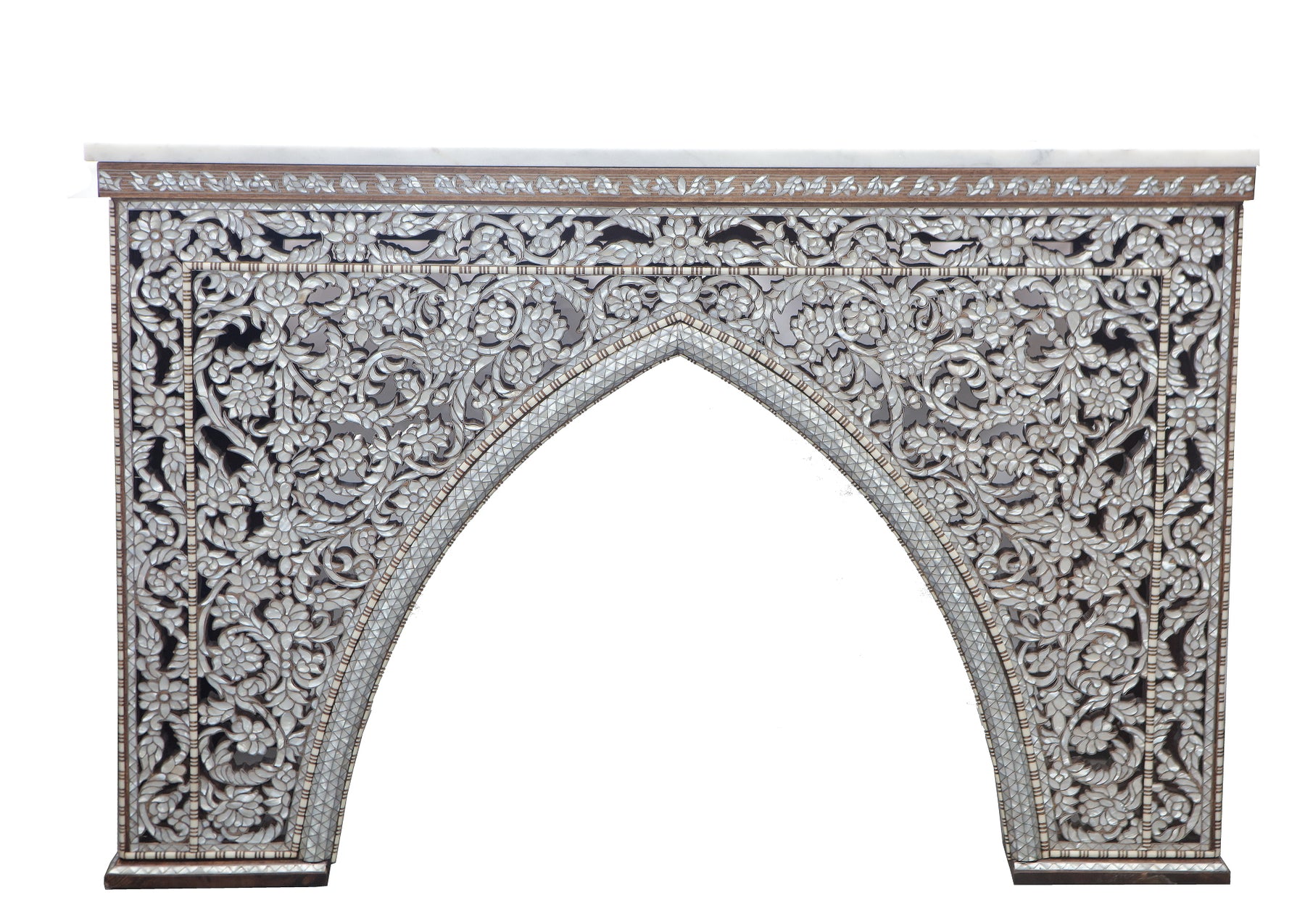 Console Chimney Perforated Solid Walnut Wood Inlay Seashell Mother Of Pearl With Tin + Marble Top