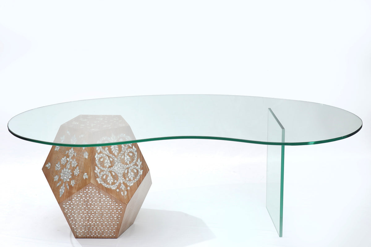 Table Base Hexagonal Solid Walnut Wood Inlay Seashell Mother Of Pearl With Tin With Glass Top