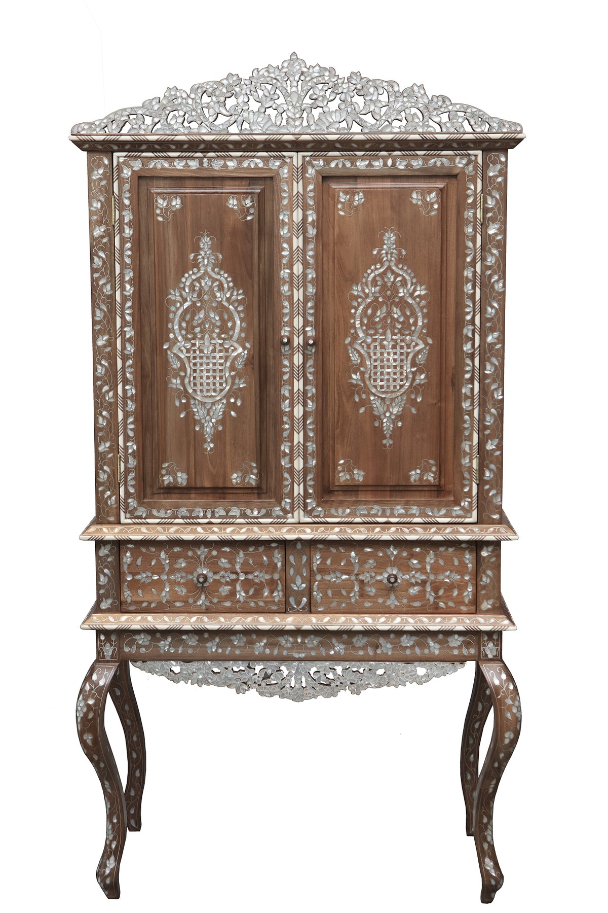 Cabinet Solid Walnut Wood Inlay Seashell Mother Of Pearl With Tin + Crown Perforated