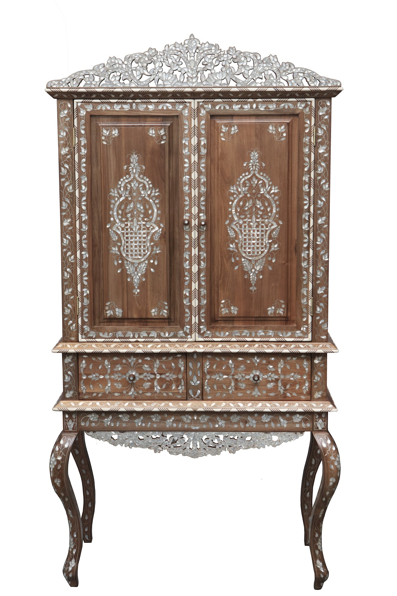 Cabinet Solid Walnut Wood Inlay Seashell Mother Of Pearl With Tin + Crown Perforated