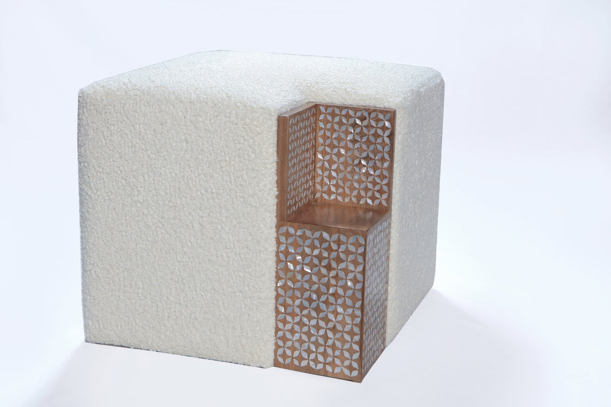 Pouf With Side Table Solid Walnut Wood Inlay Seashell Mother Of Pearl With Tin