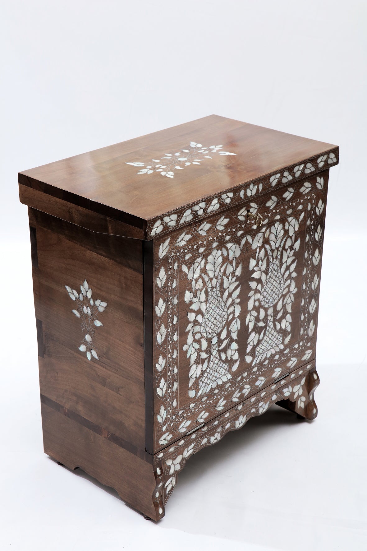 Night Stand Solid Walnut Wood Inlay Seashell Mother Of Pearl With Tin