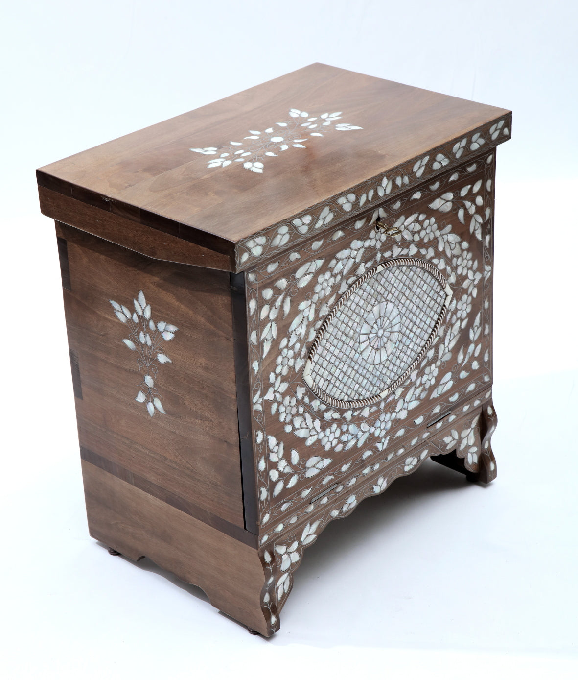 Night Stand Solid Walnut Wood Inlay Seashell Mother Of Pearl With Tin