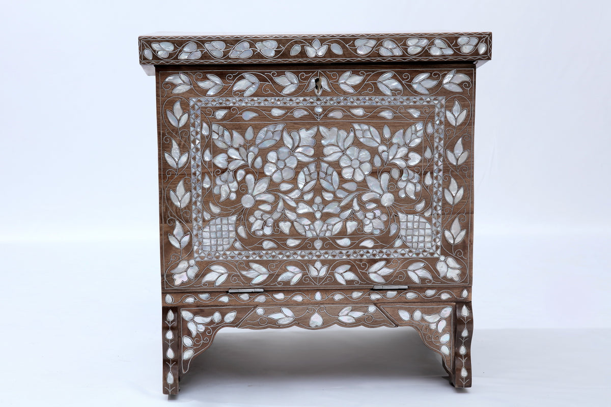 Night Stand Solid Walnut Wood Inlay Seashell Mother Of Pearl With Tin