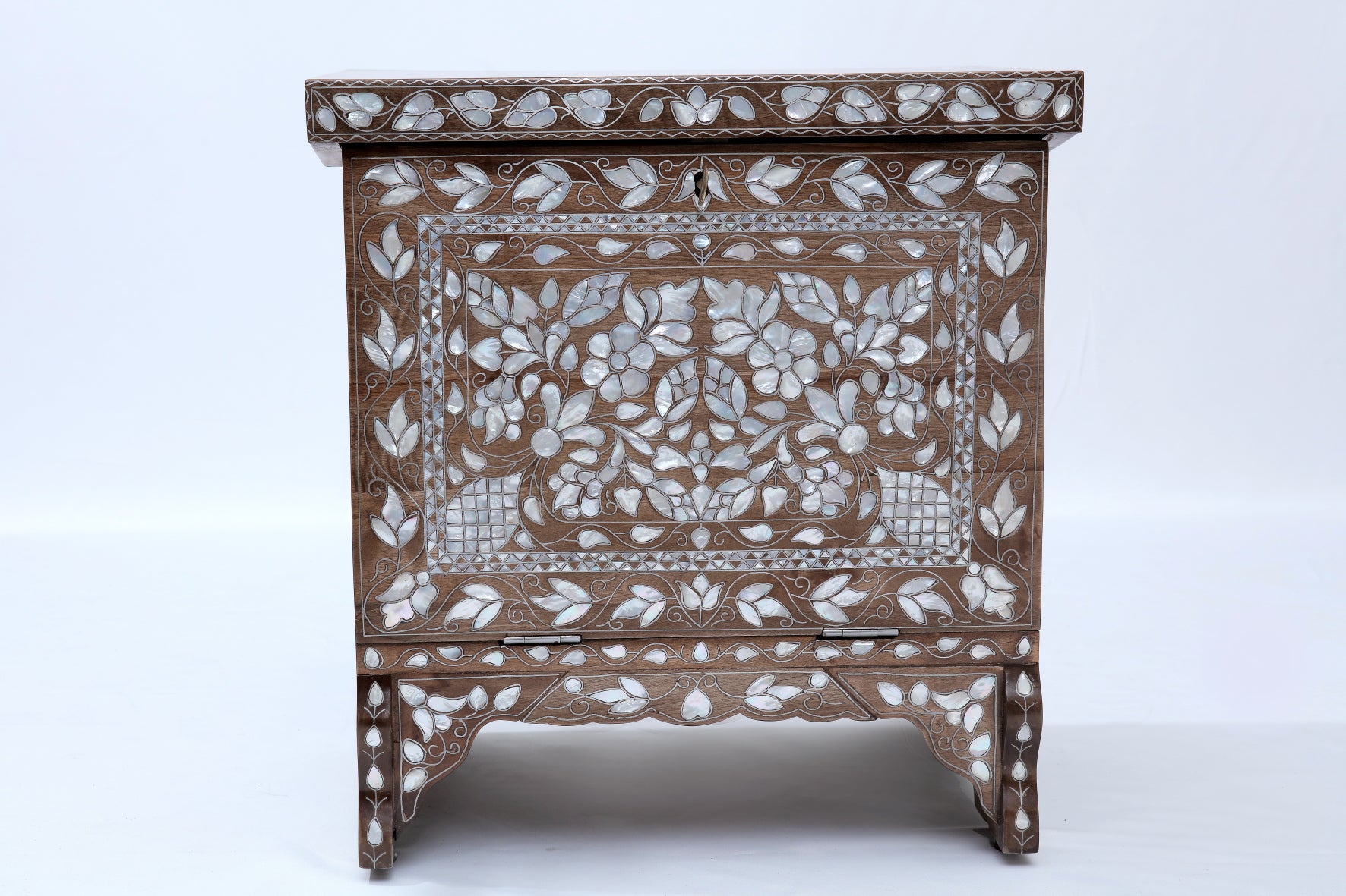 Night Stand Solid Walnut Wood Inlay Seashell Mother Of Pearl With Tin