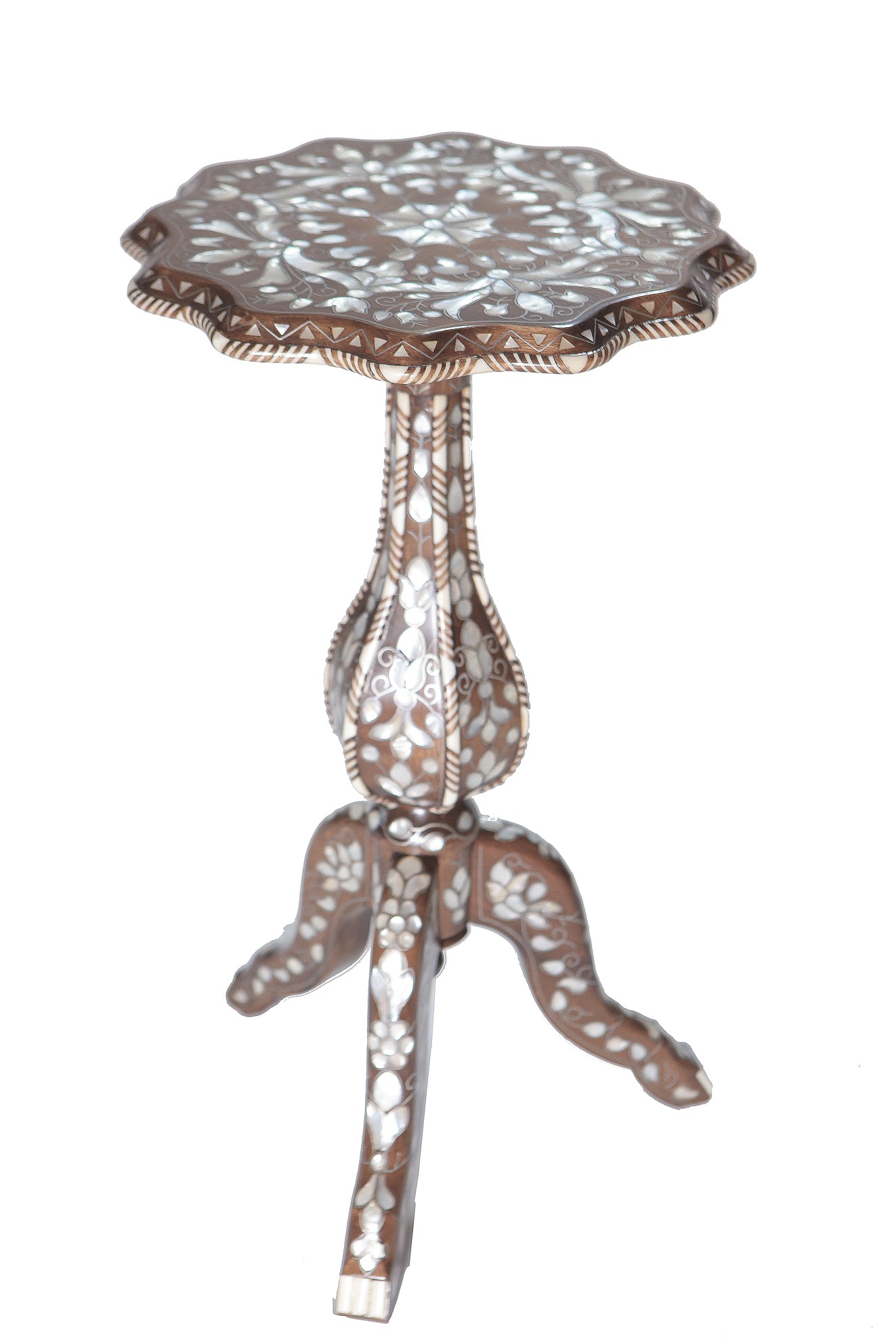 Table Flower Solid Walnut Wood Inlay Seashell Mother Of Pearl With Tin , With Marble/Wood With Mother Of Pearl Top